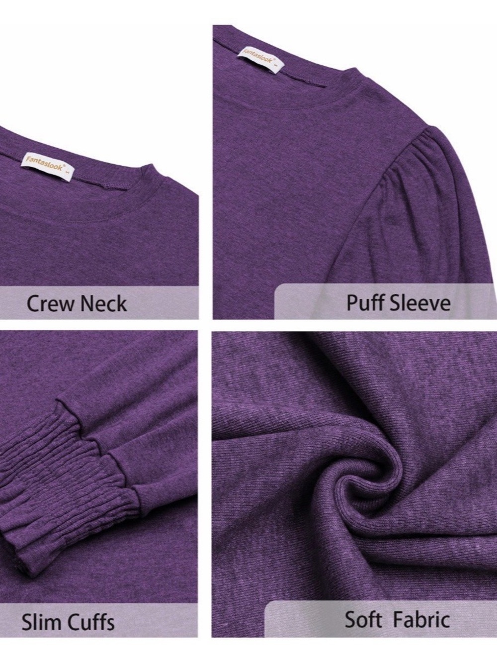 Fantaslook Women’s XL Purple Long Sleeve Blouse Puff Sleeve Crew Neck Top - Picture 4 of 6